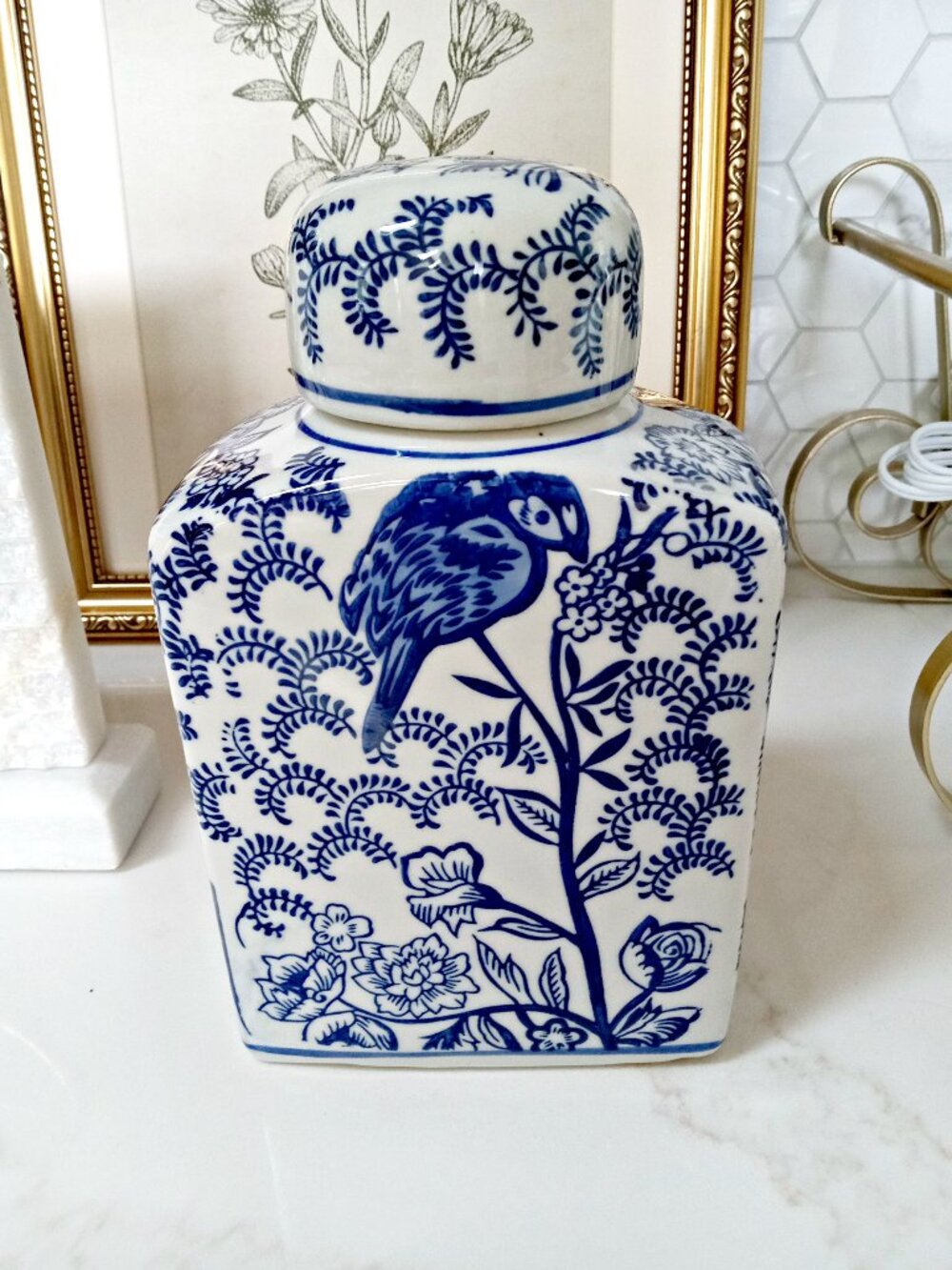 NEW! BLUE & WHITE CHINOSERIE COVERED JAR BIRDS